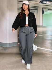 SHEIN EZwear 大碼1入組翻蓋細節落肩袖燈芯絨夾克 - 黑色 - 查看 4