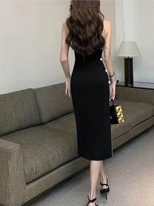 Contrast Trim Mandarin Collar Dress - Black - View 2