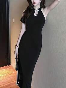 Contrast Trim Mandarin Collar Dress - Black - View 4