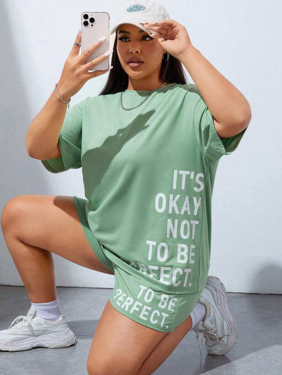 SHEIN EZwear Plus Slogan Graphic Drop Shoulder Tee & Shorts - Mint Green - View 1