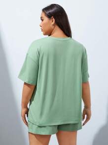 SHEIN EZwear Plus Slogan Graphic Drop Shoulder Tee & Shorts - Mint Green - View 2