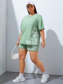SHEIN EZwear Plus Slogan Graphic Drop Shoulder Tee & Shorts - Mint Green - View 3