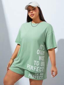 SHEIN EZwear Plus Slogan Graphic Drop Shoulder Tee & Shorts - Mint Green - View 4