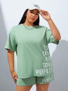 SHEIN EZwear Plus Slogan Graphic Drop Shoulder Tee & Shorts - Mint Green - View 5