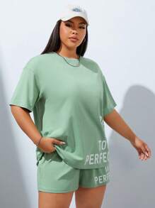 SHEIN EZwear Plus Slogan Graphic Drop Shoulder Tee & Shorts - Mint Green - View 6