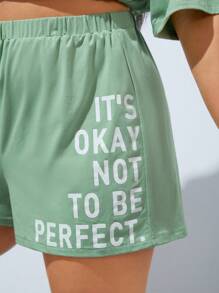 SHEIN EZwear Plus Slogan Graphic Drop Shoulder Tee & Shorts - Mint Green - View 7