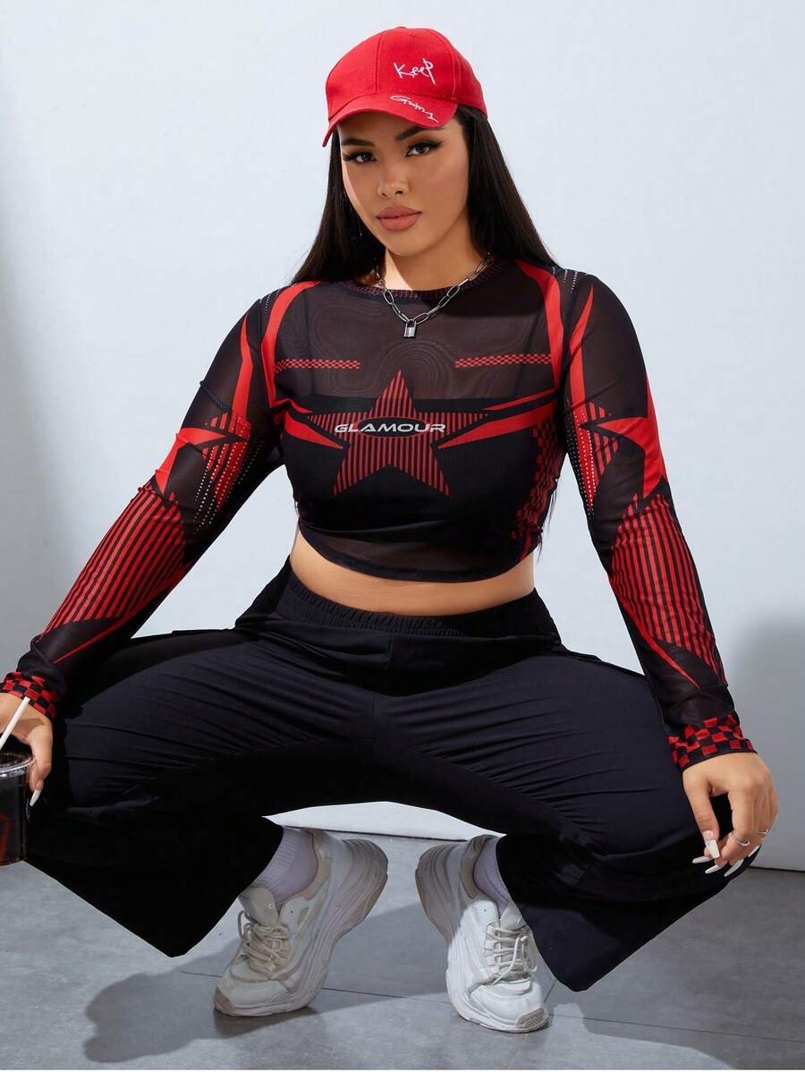 SHEIN EZwear CURVE áo nữ kích thước lớn Hình học Lá thư Giải trí - Nhiều màu - Xem 1