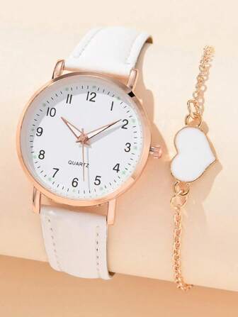 1pc Round Pointer Quartz Watch & 1pc Heart Decor Bracelet