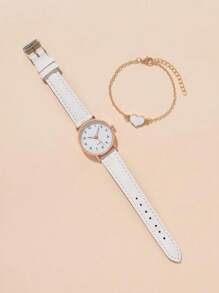 1入組圓形指針石英手錶和1入組愛心裝飾手環 - 白色 - 查看 2