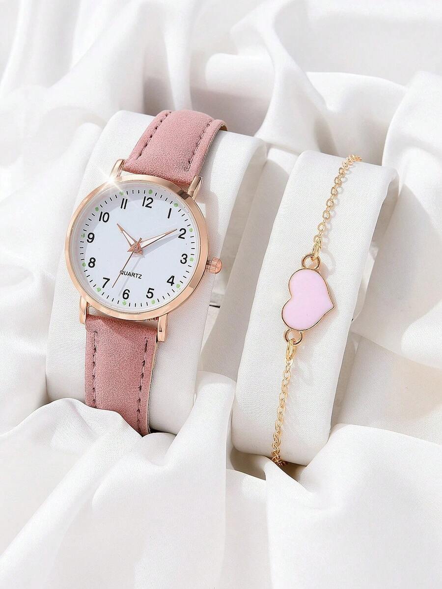 1pc Round Pointer Quartz Watch & 1pc Heart Decor Bracelet - Pink - View 1