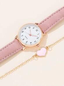 1pc Round Pointer Quartz Watch & 1pc Heart Decor Bracelet - Pink - View 2