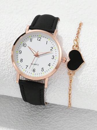 1pc Round Pointer Quartz Watch & 1pc Heart Decor Bracelet