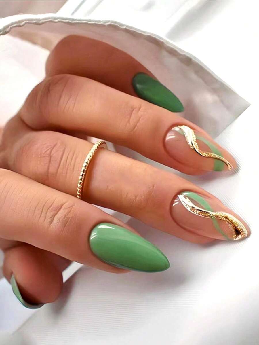 24 件/套中長法式珊瑚粉和橙色拼色閃亮閃光波浪線和杏仁形假指甲 + 1 件果凍口香糖 + 1 件指甲銼套件 - 彩色 - 查看 1