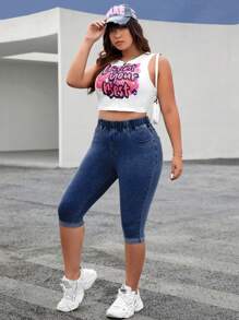 SHEIN Unity Quần Denim kích thước lớn Túi màu trơn - Rửa tối - Xem 3