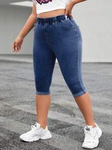 SHEIN Unity Quần Denim kích thước lớn Túi màu trơn - Rửa tối - Xem 5