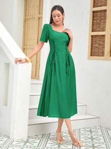 Mulvari Lace Up Front Puff Sleeve Dress - Green - View 1