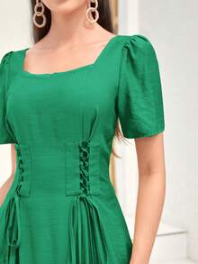 Mulvari Lace Up Front Puff Sleeve Dress - Green - View 3
