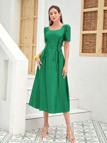 Mulvari Lace Up Front Puff Sleeve Dress - Green - View 4