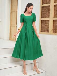 Mulvari Lace Up Front Puff Sleeve Dress - Green - View 6