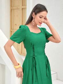 Mulvari Lace Up Front Puff Sleeve Dress - Green - View 7