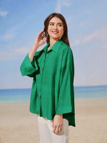 Seusyu Solid Drop Shoulder Button Front Shirt - Green - View 3