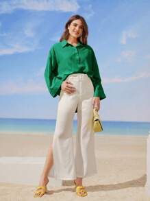 Seusyu Solid Drop Shoulder Button Front Shirt - Green - View 4