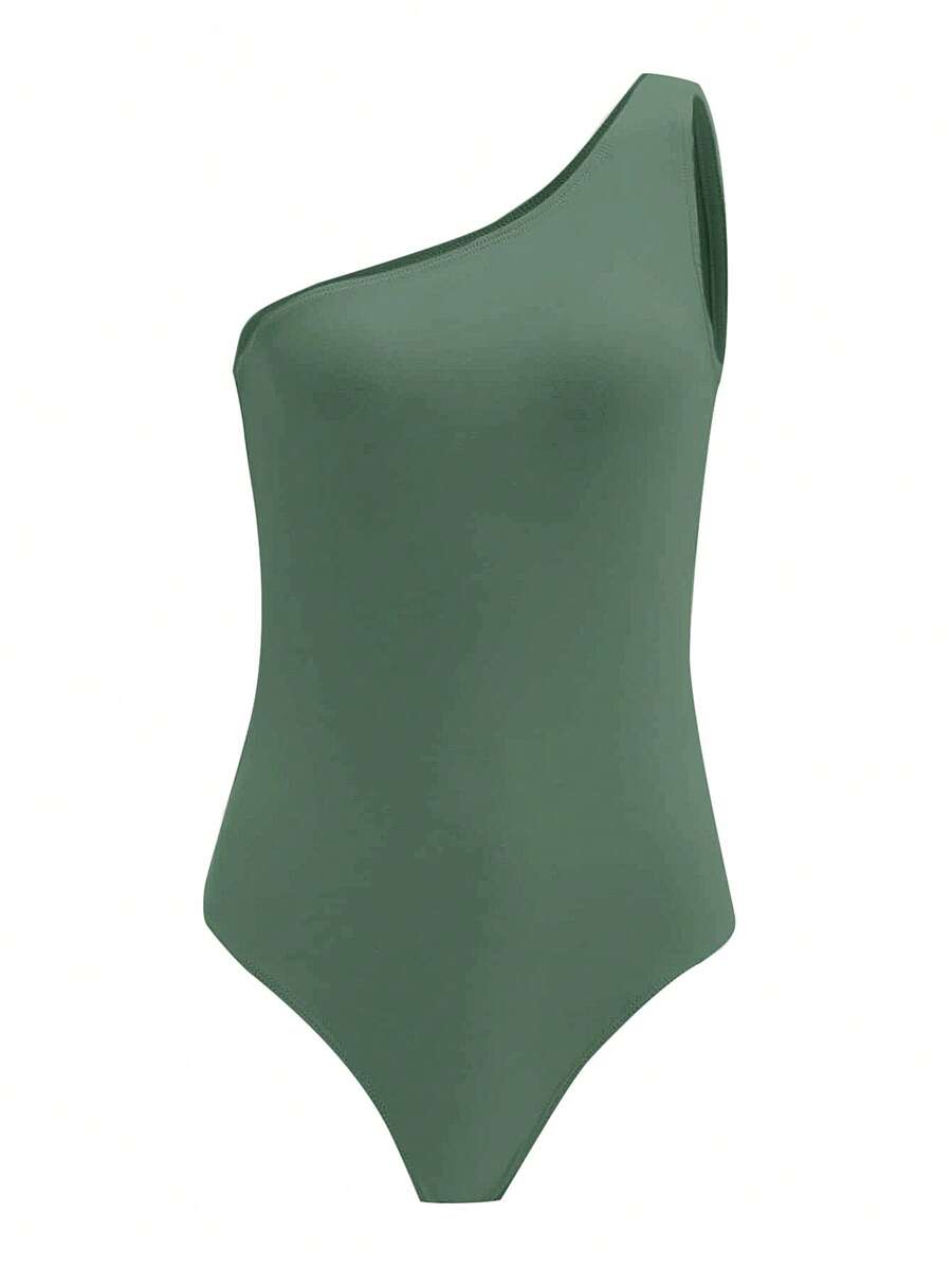 SHEIN BASICS 素色單肩連體衣 - 墨綠色 - 查看 1