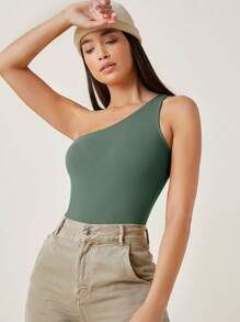 SHEIN BASICS 素色單肩連體衣 - 墨綠色 - 查看 3