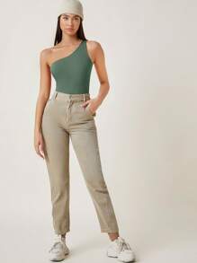 SHEIN BASICS 素色單肩連體衣 - 墨綠色 - 查看 7