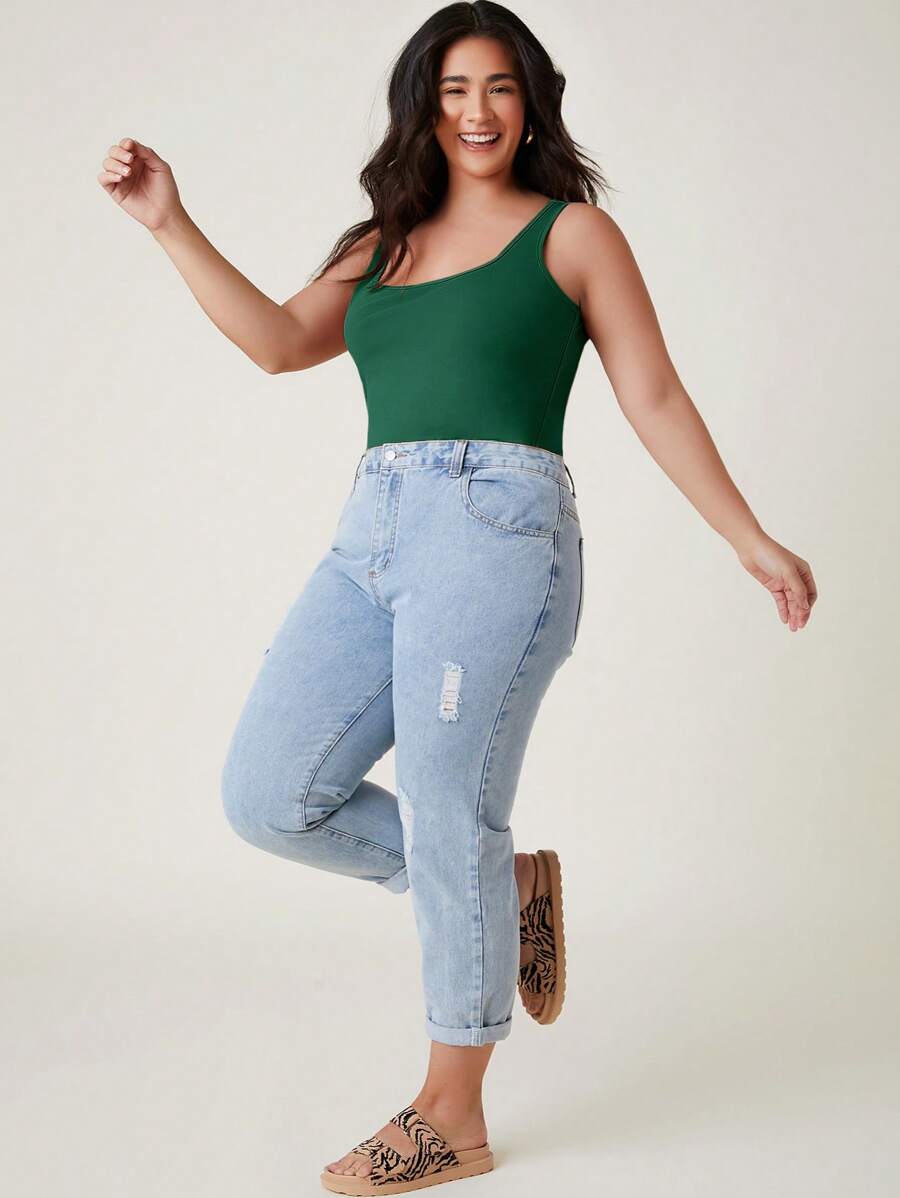SHEIN BASICS 大碼素色背心上衣 - 墨綠色 - 查看 1
