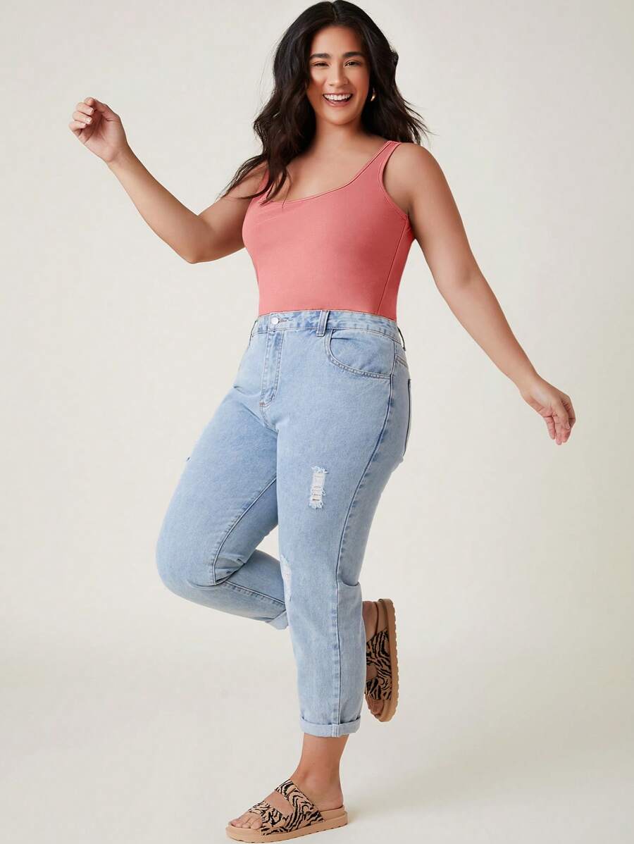 SHEIN BASICS 大碼素色背心上衣 - 珊瑚粉 - 查看 1