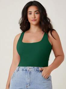 SHEIN BASICS 大碼素色背心上衣 - 墨綠色 - 查看 4