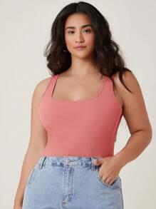 SHEIN BASICS 大碼素色背心上衣 - 珊瑚粉 - 查看 3