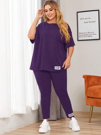 Mulvari Plus Letter Patched Drop Shoulder Tee & Leggings 2 Piece Set
