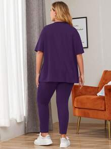 Mulvari Plus 字母拼接落肩 T 恤和紧身裤 2 件套 - 紫色 - 查看 2