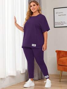 Mulvari Plus 字母拼接落肩 T 恤和紧身裤 2 件套 - 紫色 - 查看 3