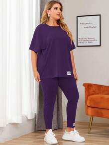 Mulvari Plus 字母拼接落肩 T 恤和紧身裤 2 件套 - 紫色 - 查看 5