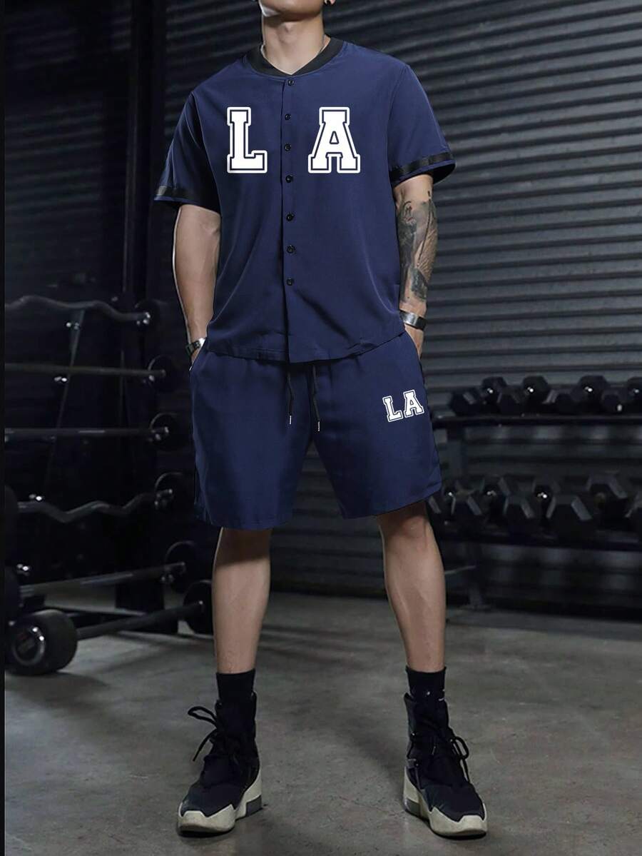 Manfinity Homme 男士字母圖案襯衫和腰部抽繩短褲 - 藍色 - 查看 1