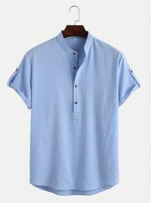 Manfinity Homme 男士半排扣捲邊袖襯衫&短褲 - 淺藍色 - 查看 4