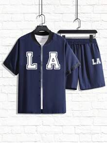 Manfinity Homme 男士字母圖案襯衫和腰部抽繩短褲 - 藍色 - 查看 5