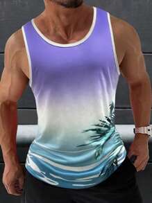 Manfinity Chillmode Hombres Top tank de ombré con estampado de árbol unido en contraste - Multicolor - Ver 1