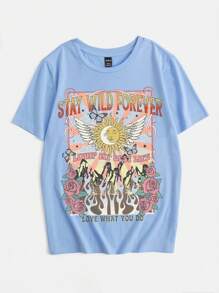 SHEIN EZwear Áo thun nữ Hoa Lá thư Giải trí - Màu xanh nhạt - Xem 1