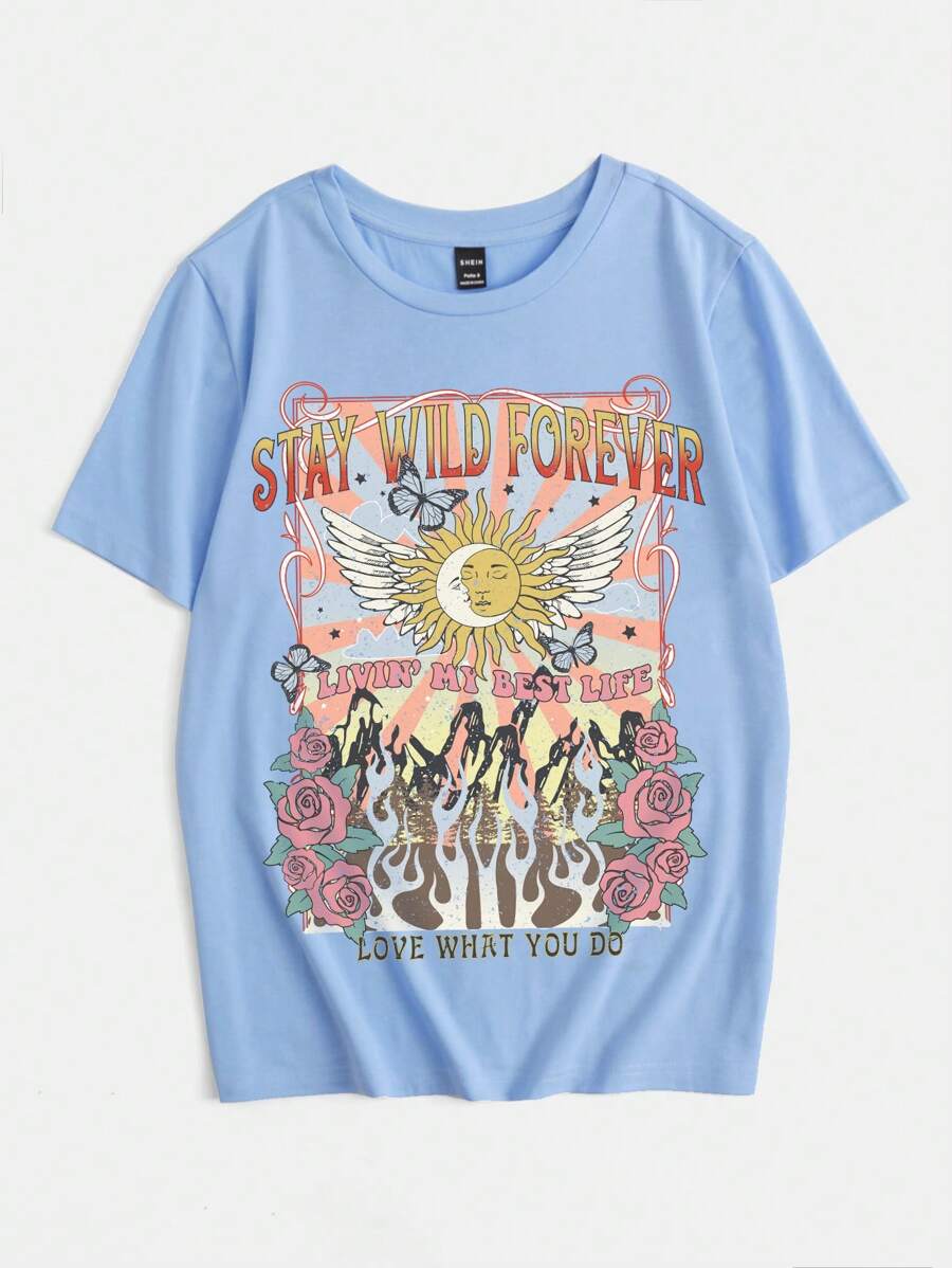 SHEIN EZwear Áo thun nữ Hoa Lá thư Giải trí - Màu xanh nhạt - Xem 1