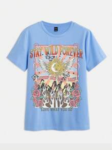 SHEIN EZwear Áo thun nữ Hoa Lá thư Giải trí - Màu xanh nhạt - Xem 3