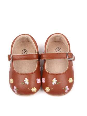 女婴花朵刺绣带扣装饰钩环扣玛丽珍鞋户外鞋