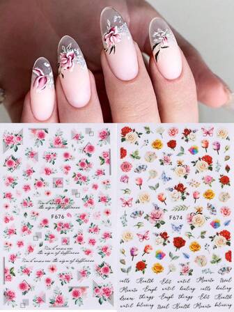 2入組花卉美甲貼紙貼花迷人玫瑰蝴蝶葉指甲滑塊女士女孩DIY
