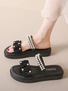 Chicas 1 par Sandalias con diseño de perla artificial con diseño de fruncido para verano - Negro - Ver 2