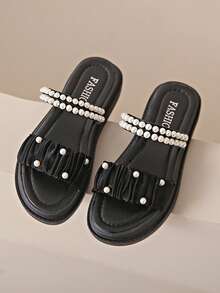 Chicas 1 par Sandalias con diseño de perla artificial con diseño de fruncido para verano - Negro - Ver 3