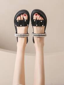 Chicas 1 par Sandalias con diseño de perla artificial con diseño de fruncido para verano - Negro - Ver 4