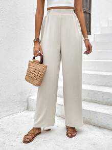 SHEIN Frenchy Quần nữ màu trơn Giải trí - Màu be - Xem 5